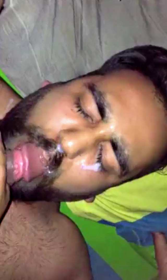 Indian gay blowjob video of a sexy hairy bear blowing friend's dick and enjoying a cum facial