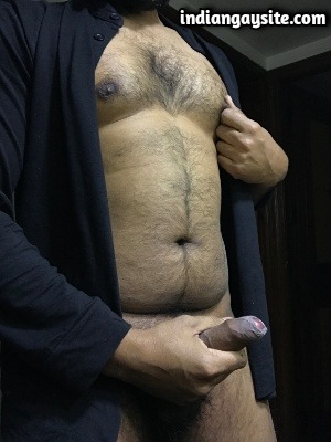 Gay Indian Bear in Open Shirt with Big Hard Cock