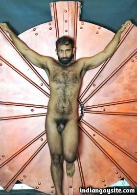 Hairy naked bear showing off his furry body