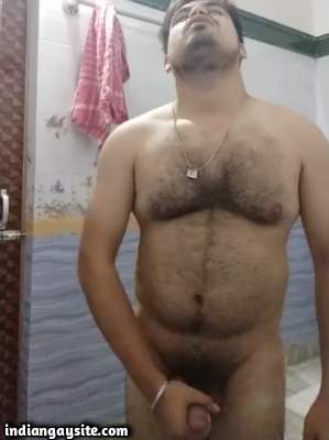 Hairy horny man wanking big hard dick