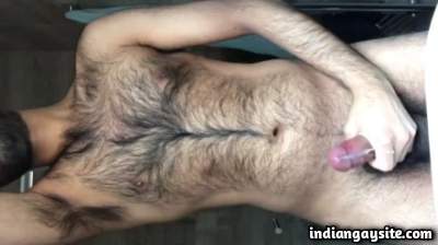 Cumming hairy hunk after wanking his big hard cock