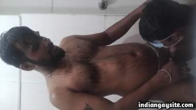 Shower blowjob fun with a hairy gay naked man