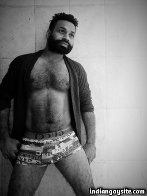 Hairy hot hunk teasing sexy figure and dick in undies