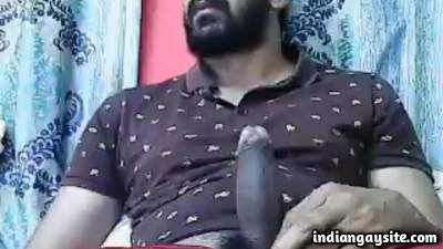 Masturbating bearded man teasing hot big cock