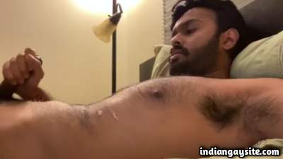 Hairy nude man jerking his hard big cock on cam