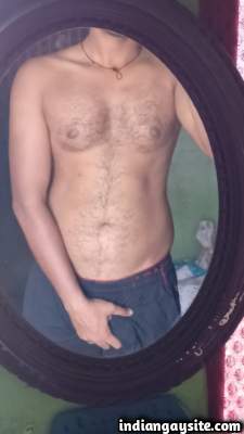 Hard horny man teasing bulge in mirror selfie pics