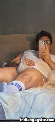 Sexy horny boy teasing his big hard cock in nude pics