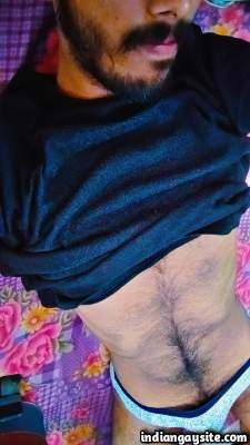 Hairy horny guy teasing us with his bulging undies